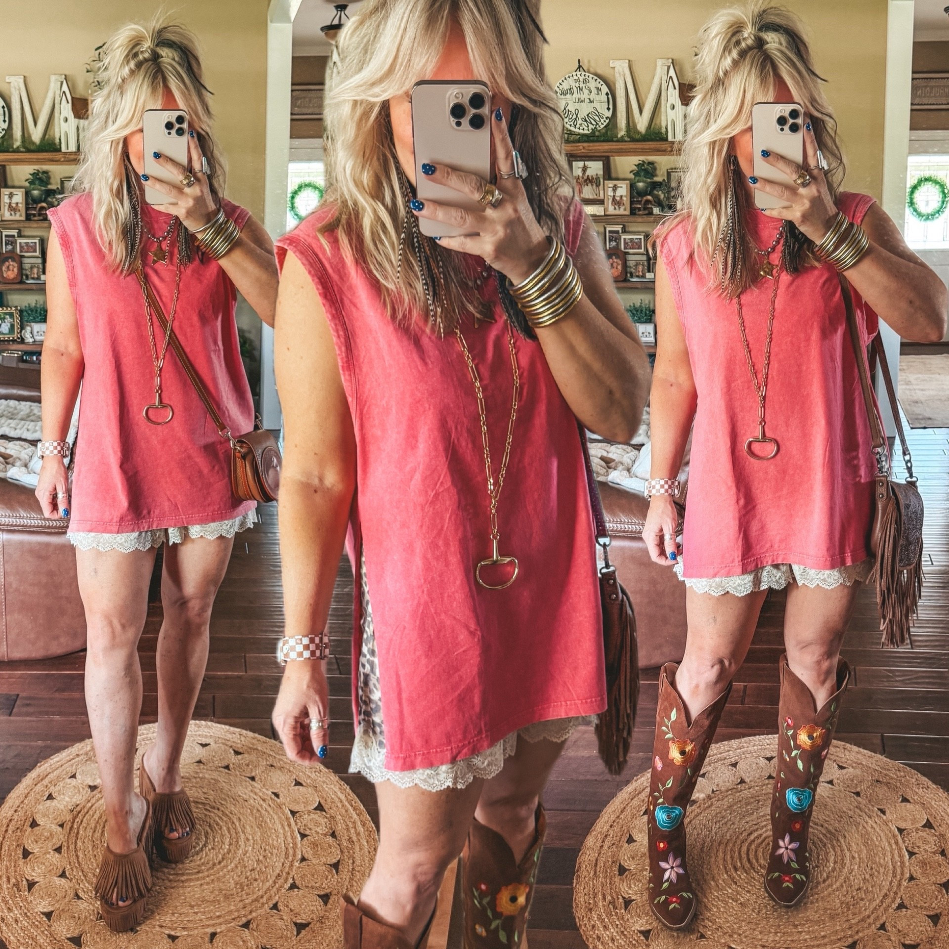 My muscle tank is from a pack of three acid wash tanks. I’m in a largely could’ve done a medium too. 
My lace trim shorts are size M
Both shoes run true to size 
#festivaloutfit #festivalstyle #diyfashion 

✨Long horse bit necklace save with my code MANDIE

#LTKOver40 #LTKFestival