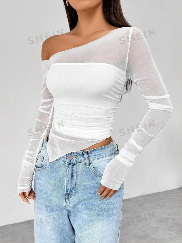 TrendsSHEIN MOOSTA Women's Casual Mesh Splicing Asymmetrical Neckline T-Shirt | SHEIN