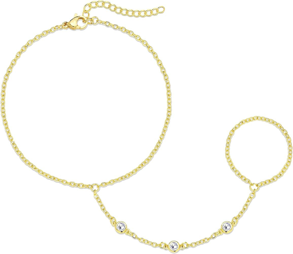 Gold Hand Chain Bracelet for Women Trendy, Dainty 14k Gold Plated Ring Bracelet Hand Chain Finger... | Amazon (US)