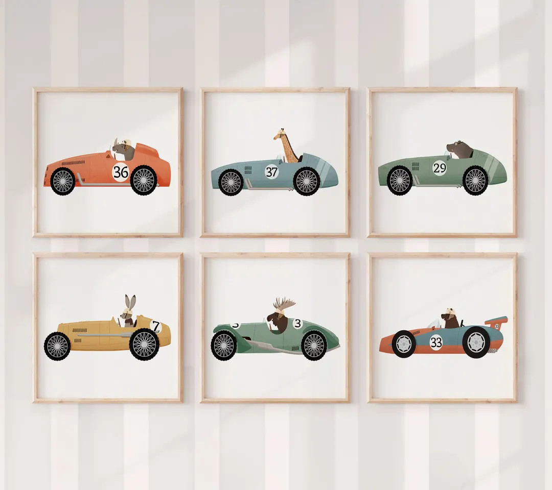 Animal Racing Car Nursery Prints – Whimsical Woodland Friends, Set of 6 Kids Room Wall Art | Etsy (US)