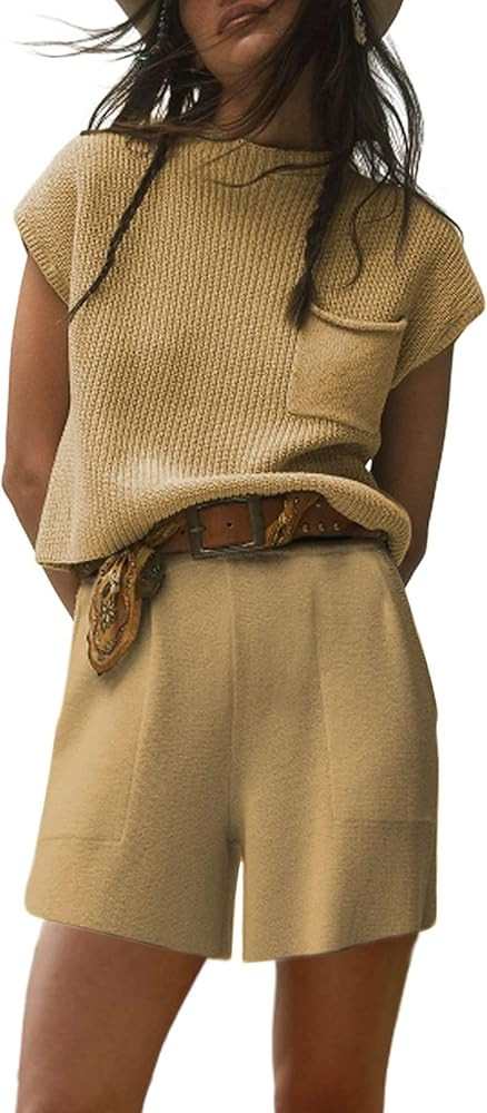 Bianstore Women's Two Piece Outfits Knit Sweater Set Solid Pullover Tops and Elastic Waist Short ... | Amazon (US)