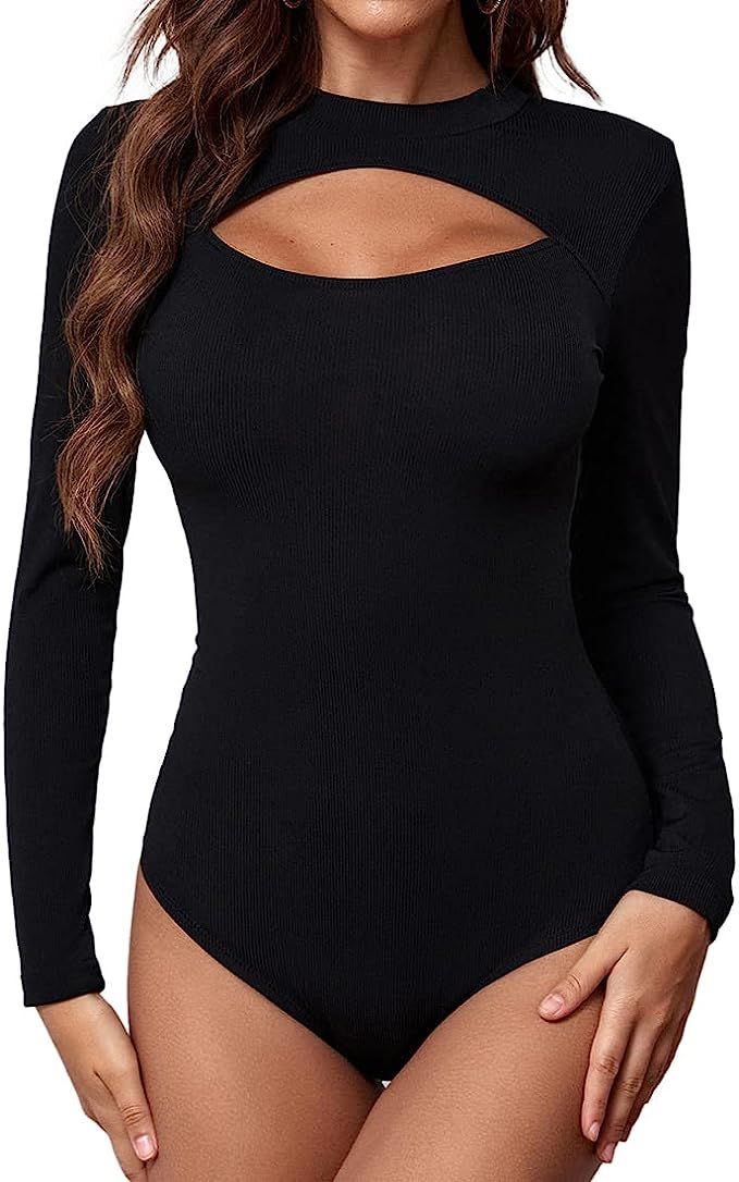 Yomoko Women's Cutout Front Ribbed Knit Bodysuit Sexy Long Sleeve Stretchy One Piece Jumpsuits To... | Amazon (US)