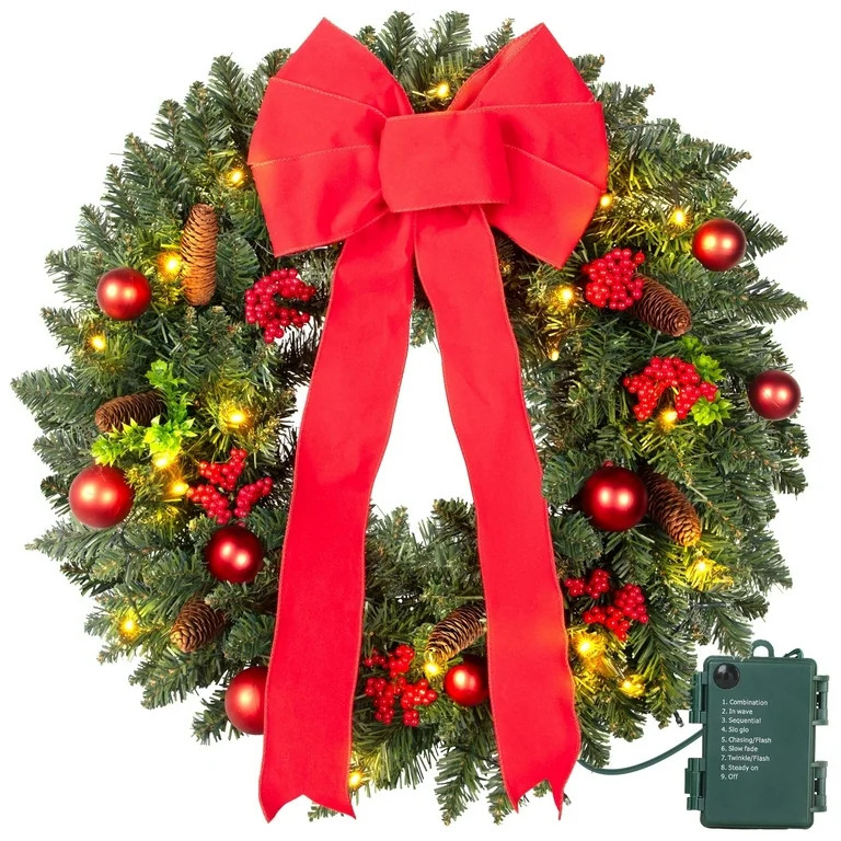 24-Inch Christmas Wreaths for Front Door, posrue PVC Artificial Wreaths with Lights Timer Red Bow... | Walmart (US)