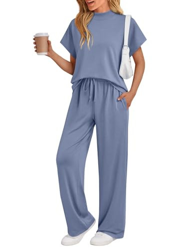 AUTOMET Women's 2 Piece Matching Lounge Sets 2026 Summer Mock Neck Sweatsuits Short Sleeve Loungewear Travel Outfits Blue M | Amazon (US)
