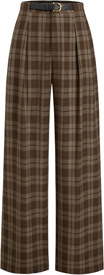 CIDER Wide Leg Pants Woman Mid Waist Checks Pocket Wide Leg Trousers with Belt Casual Plaid Long ... | Amazon (US)