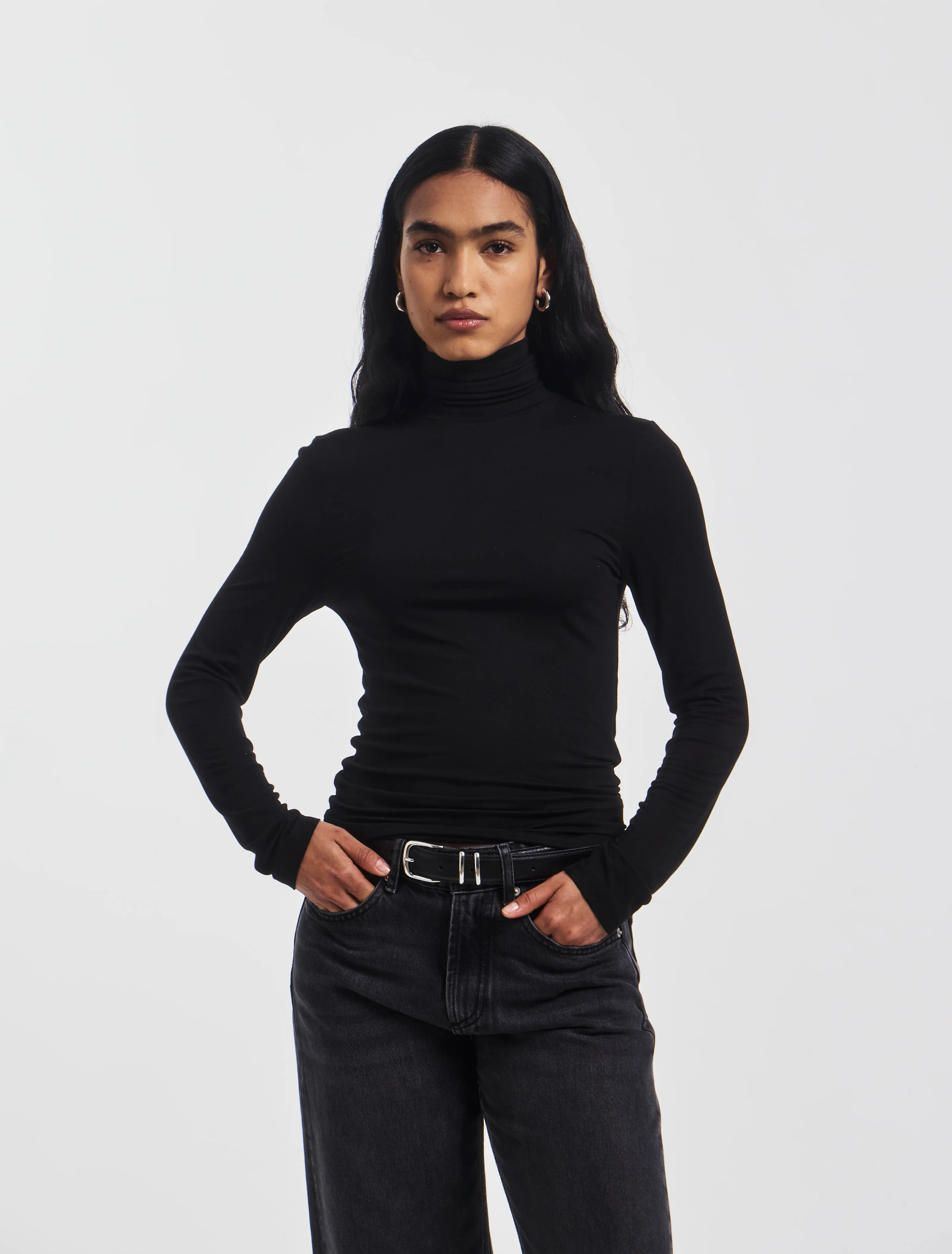 Soft Roll Neck Long Sleeve Top in Black | NinetyPercent