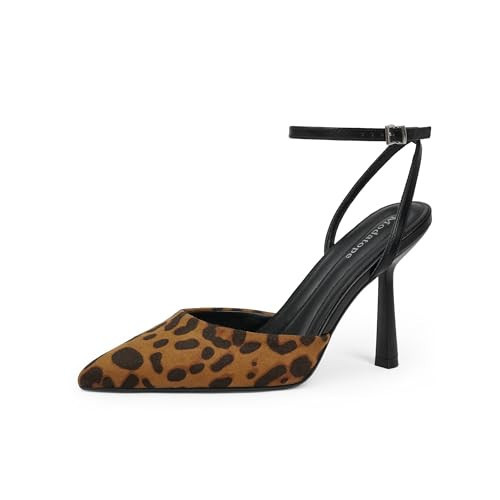 Modatope Leopard Heels for Women Closed Toe Pointed Toe Pointy Heel Slingback Kitten Stiletto Ankle Strap Heels Dress Shoes Leopard Print Pumps Size 9 | Amazon (US)