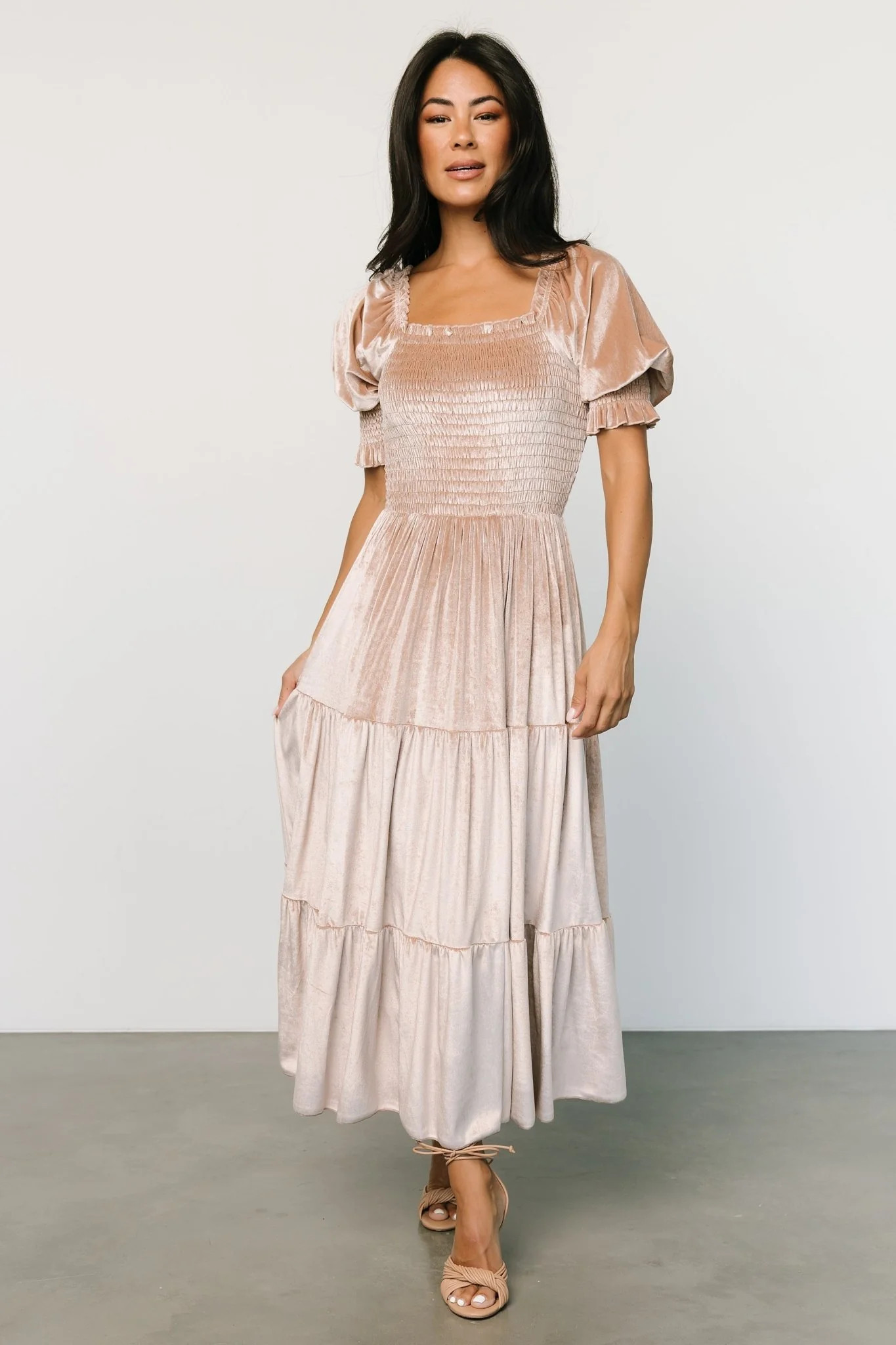 Vivaldi Smocked Velvet Midi Dress | Champagne | Baltic Born