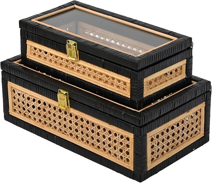 Black Rattan Decorative Storage Boxes with Glass Lids \u2013 Set of 2 Ribbed Wood Display Cases w... | Amazon (US)