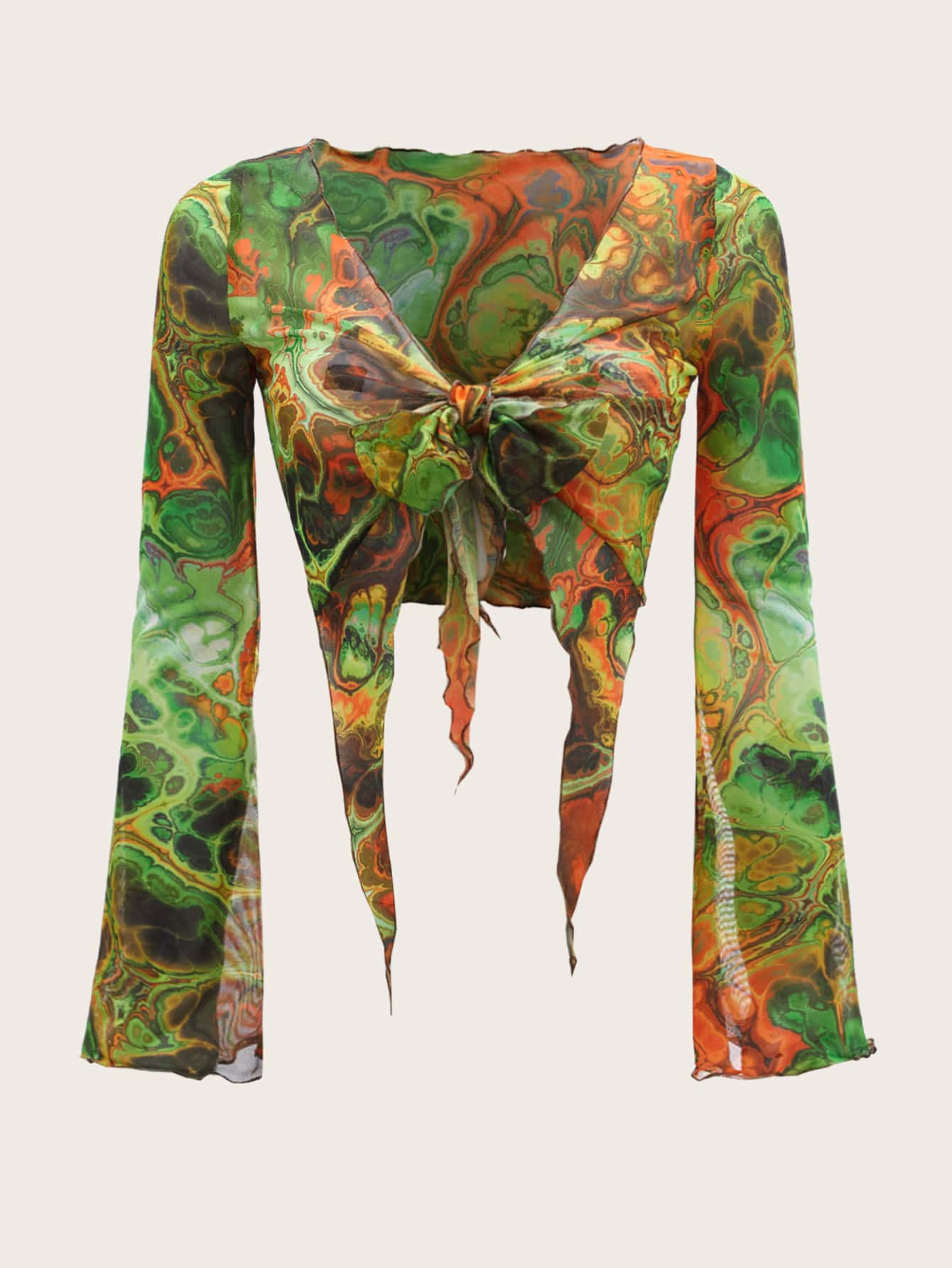 SHEIN ICON Split Sleeve Tie Front Asymmetrical Hem Graphic Print Mesh Top | SHEIN