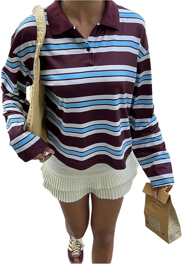 MakeMeChic Women's Striped T Shirts Button Up Collar Long Sleeve Preppy Rugby Shirt Tops | Amazon (US)