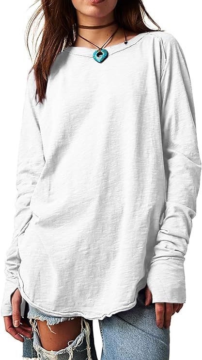ELGOGY Womens Long Sleeve Tops Oversized Round Hem Cotton Long Tunic Tops Fall Basics Tees | Amazon (US)