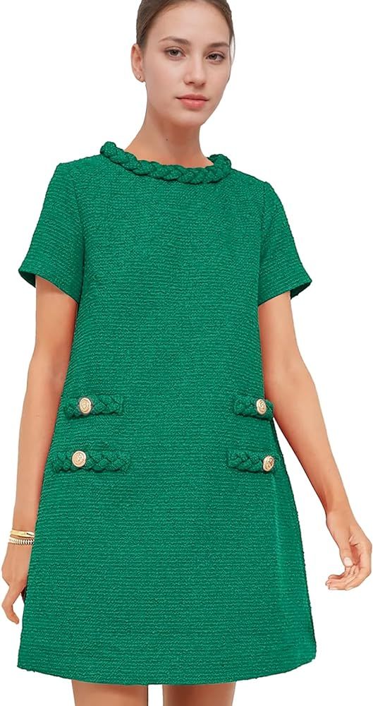 Womens Tweed Jackie Dress Elegant Crew Neck Short Sleeve Button Bodycon Mini Dress | Amazon (US)
