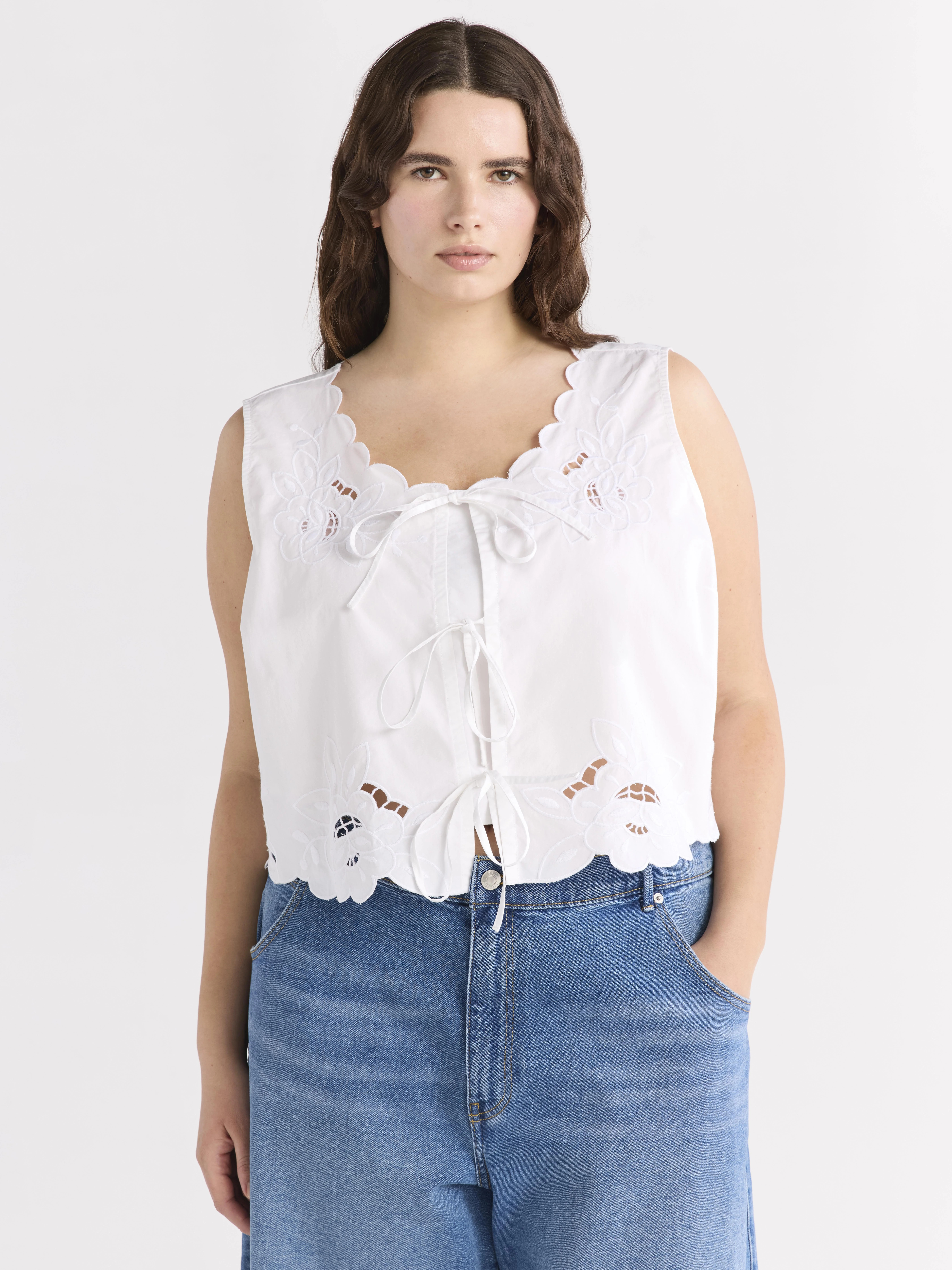 Free Assembly Women's and Women's Plus Cropped Tie Front Embroidered Cotton Top, Sizes XS-4X | Walmart (US)