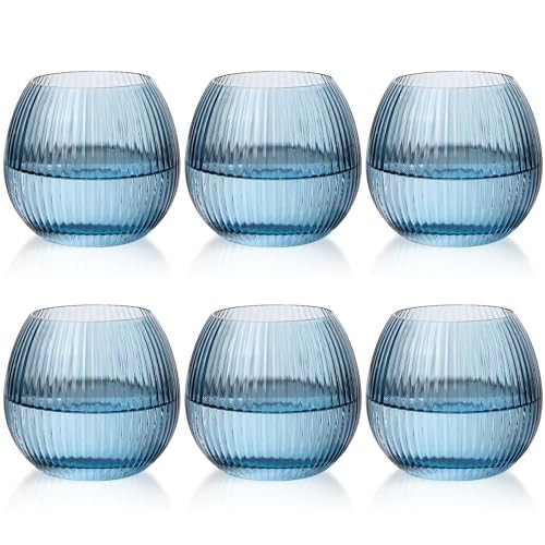 JOVGANK Blue Ribbed Drinking Glasses Set of 6-10.8 OZ Stemless Wine Champagne Whiskey Cocktail Glass, Reusable Wine Cups for Home Party Wedding Bar | Amazon (US)