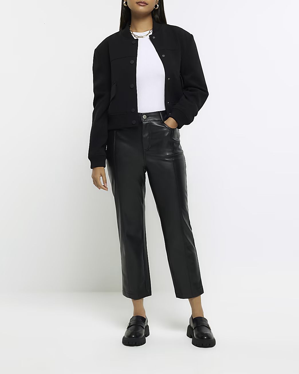 Black faux leather straight crop trousers | River Island (UK & IE)