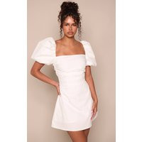 White Woven Straight Neck Puff Sleeve Mini Dress | PrettyLittleThing US