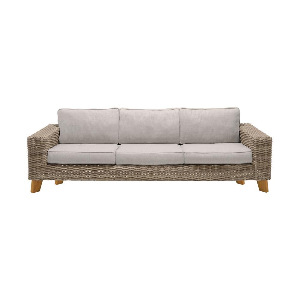 Armen Living Bahamas Wicker and Teak Wood Outdoor Sofa with Olefin Beige Cushion | The Home Depot