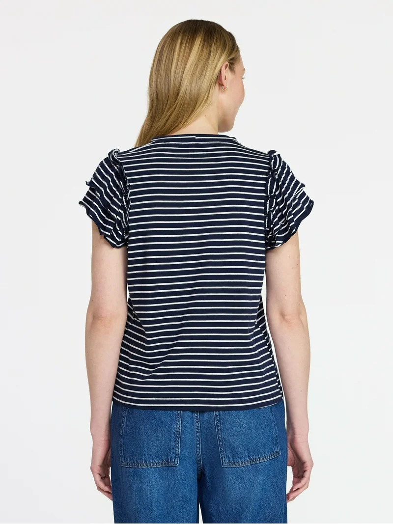 Time and Tru Women's Cotton Crewneck Tee with Ruffle Flutter Sleeves, Sizes XS-XXXL | Walmart (US)