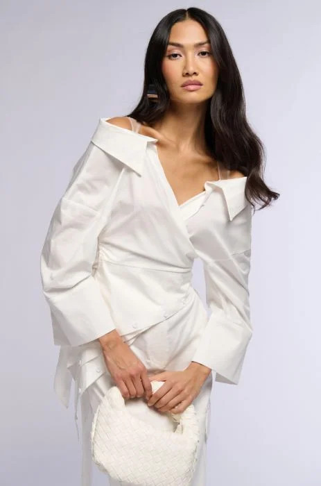 BILLY OFF THE SHOULDER WRAP FRONT BLOUSE | AKIRA