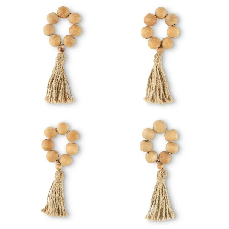 Better Homes & Garden Wood Bead and Tassel Napkin Rings, Natural, 2.5"W x 6"L, 4 Pieces - Walmart... | Walmart (US)