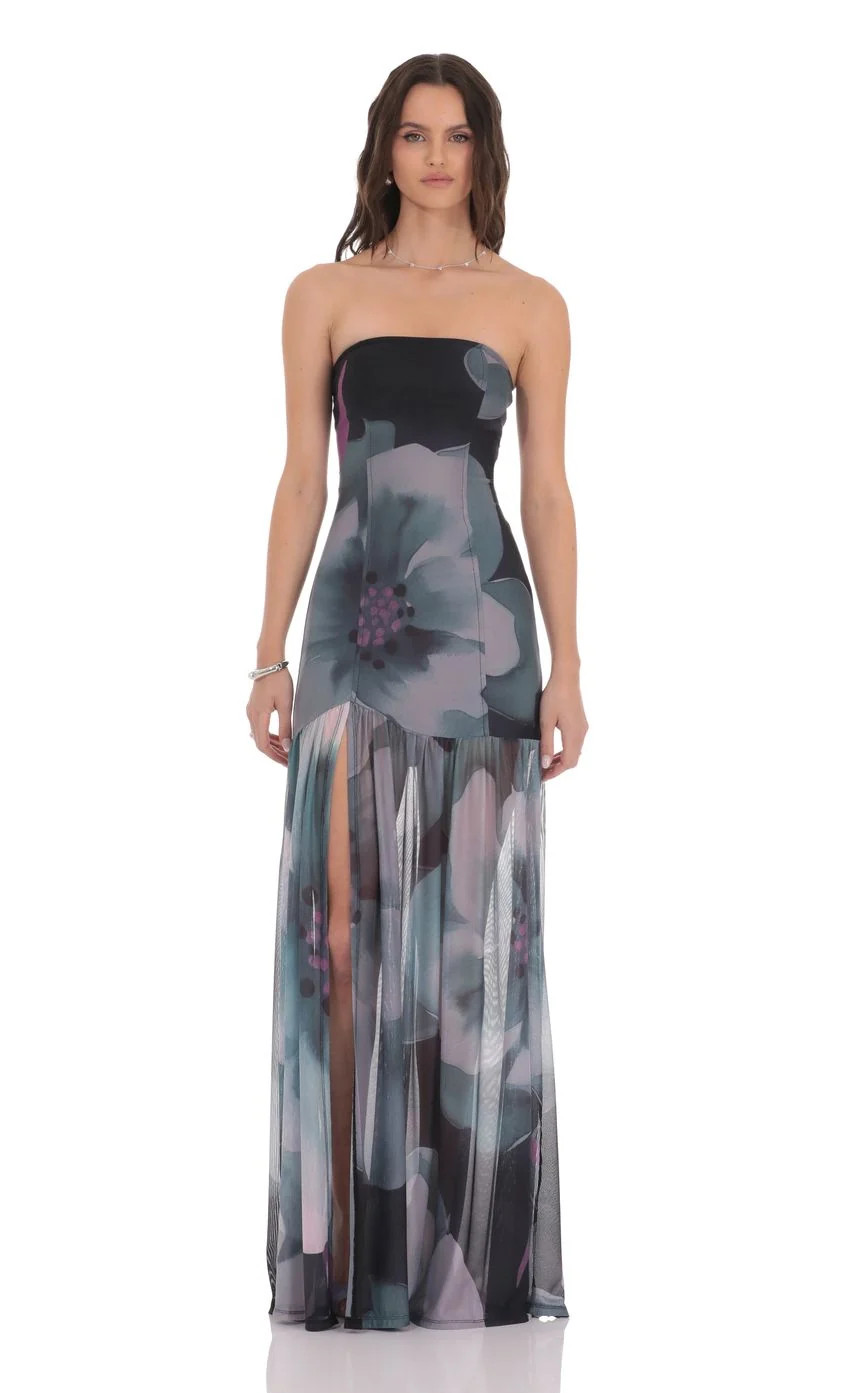 Floral Mesh Strapless Maxi Dress in Navy | Shop.app