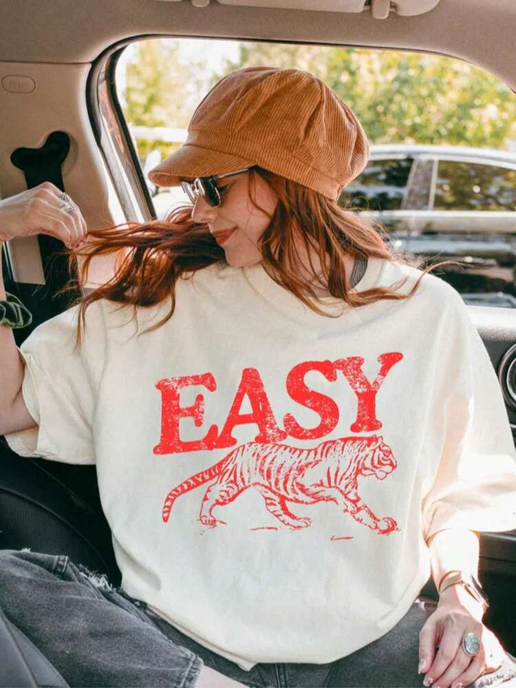 Vintage Easy Tiger Graphic T-Shirt | Retro-Inspired Tiger Tee | 70s Vintage Style Graphic Shirt | Casual Outfit | SHEIN