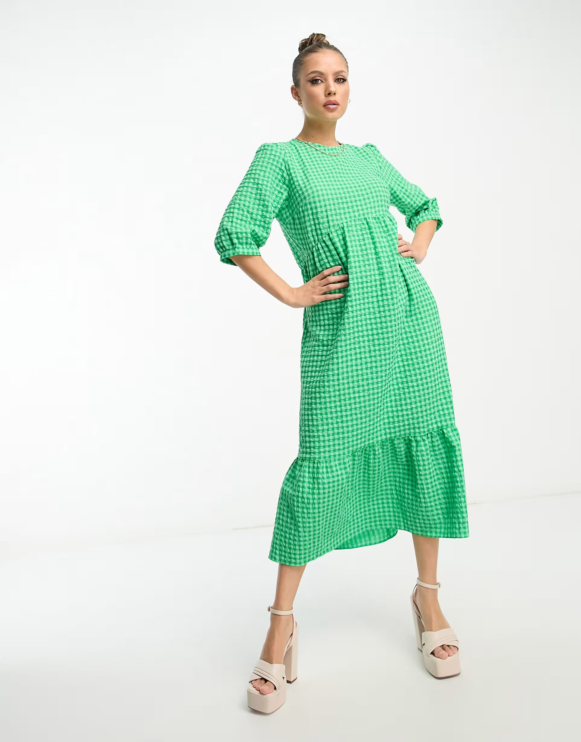 Nobody's Child Rachel puff sleeve midi dress in green plaid print | ASOS (Global)