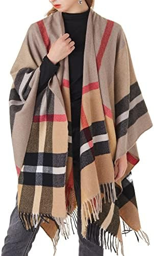 Women's Plaid Shawl Wrap Warm Cardigan Open Front Poncho Cape for Central Air Conditioning or Pub... | Amazon (US)
