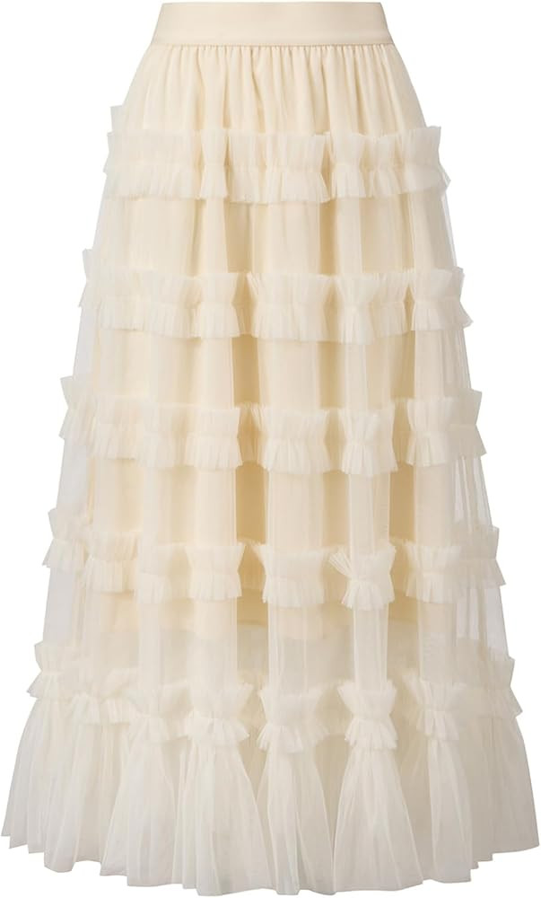 Tulle Skirts for Women Long Length Tutu Fairy Tiered Skirt A Line Mesh Elastic Waist Skirts | Amazon (US)