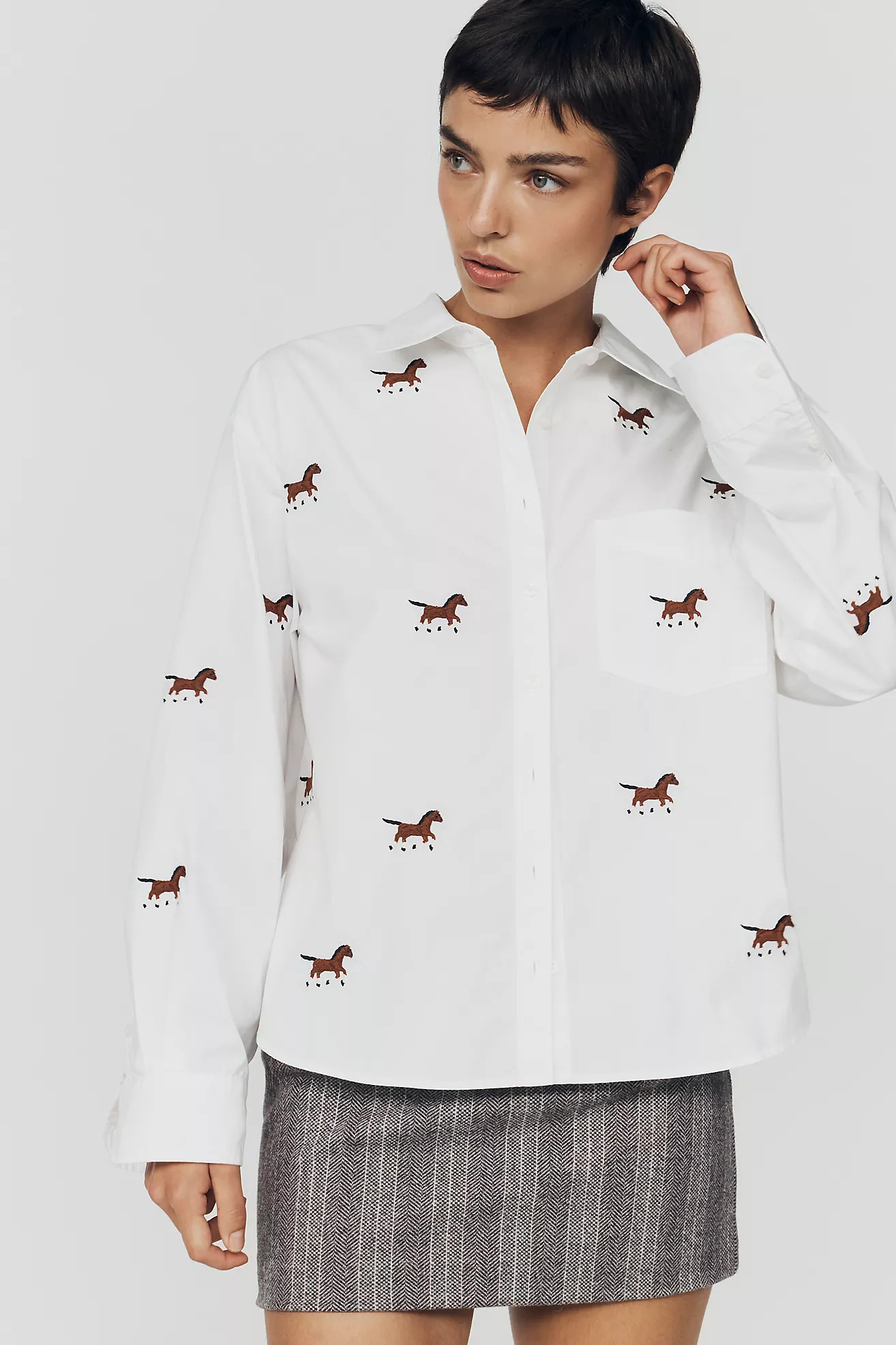 Maeve Shrunken Bennet 100% Cotton Embellished Buttondown Shirt | Anthropologie (US)