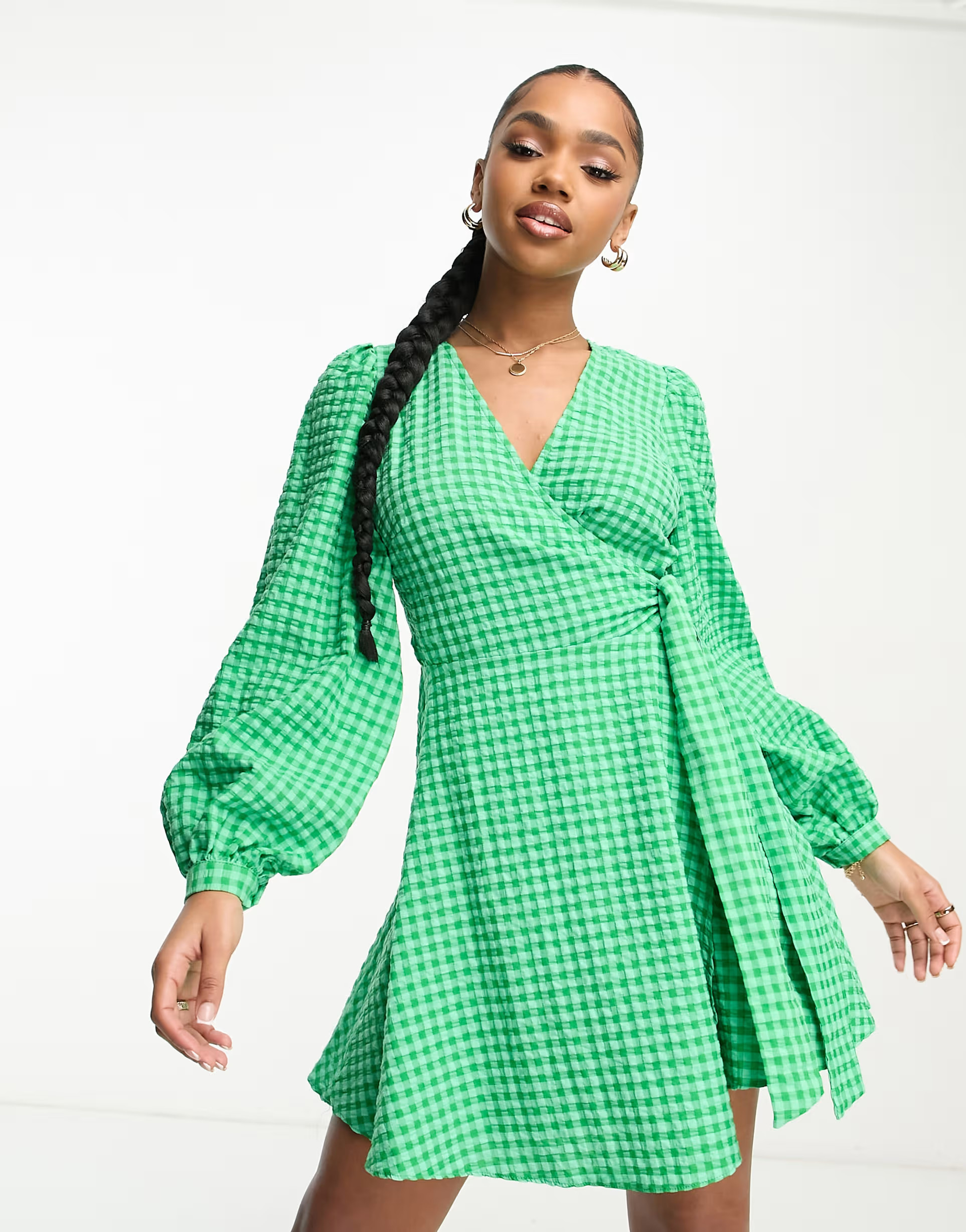 Nobody's Child tie waist puff sleeve mini dress in green check | ASOS (Global)