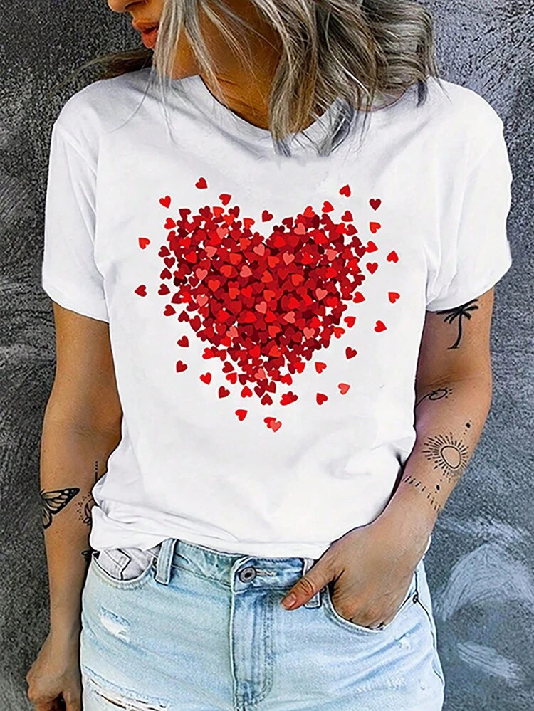 Heart Print Round Neck Tee | SHEIN