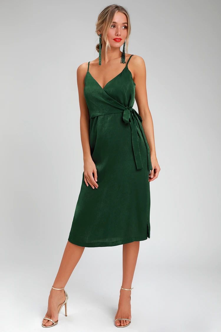 Fall In Love Forest Green Satin Midi Wrap Dress | Lulus (US)
