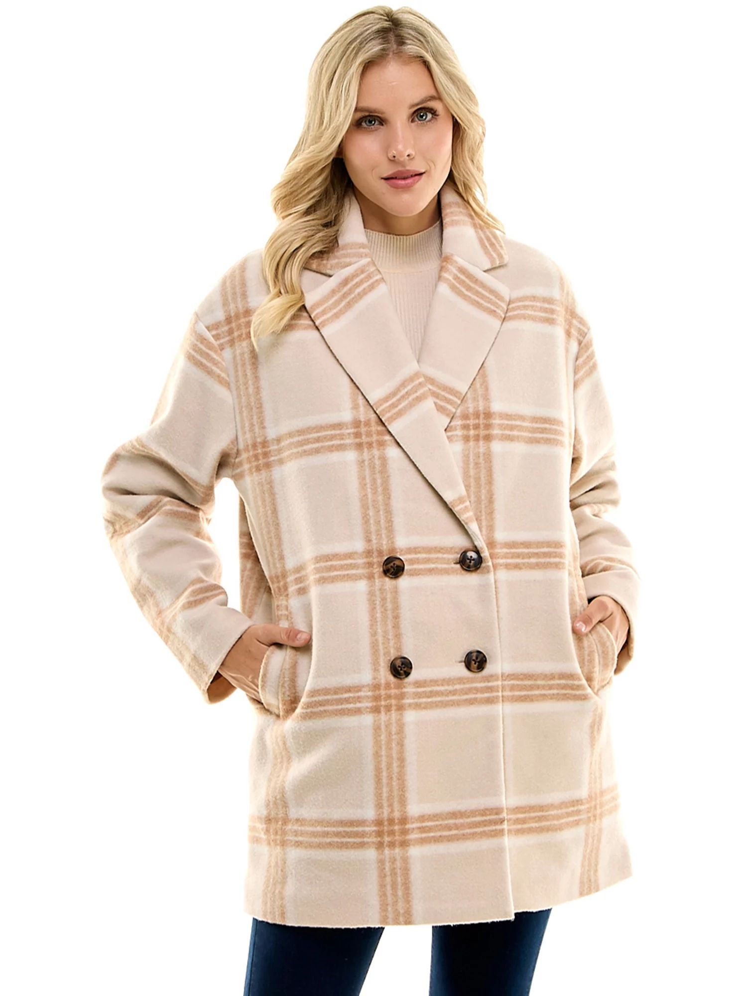 Time and Tru Women's Brushed Twill Plaid Coat, Sizes XS-3X | Walmart (US)