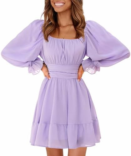 EXLURA Women's 2026 Casual Long Lantern Sleeve Dresses Square Neck Ruffle Tie Back Elastic Waist ... | Amazon (US)