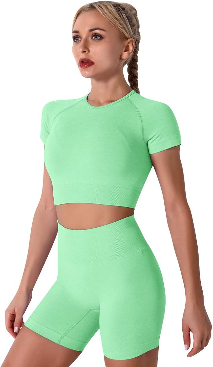 IMEKIS Women's Yoga Outfit Seamless Workout Set High Waist Exercise Shorts Pants with Sport Crop ... | Amazon (US)