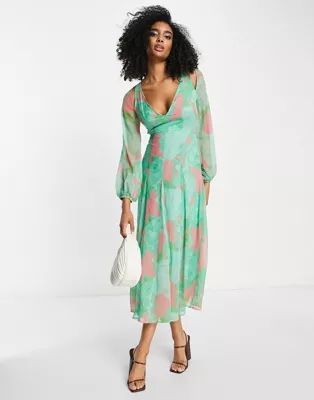 ASOS DESIGN longsleeve backless cutout maxi dress with godets in abstract floral print | ASOS | ASOS (Global)
