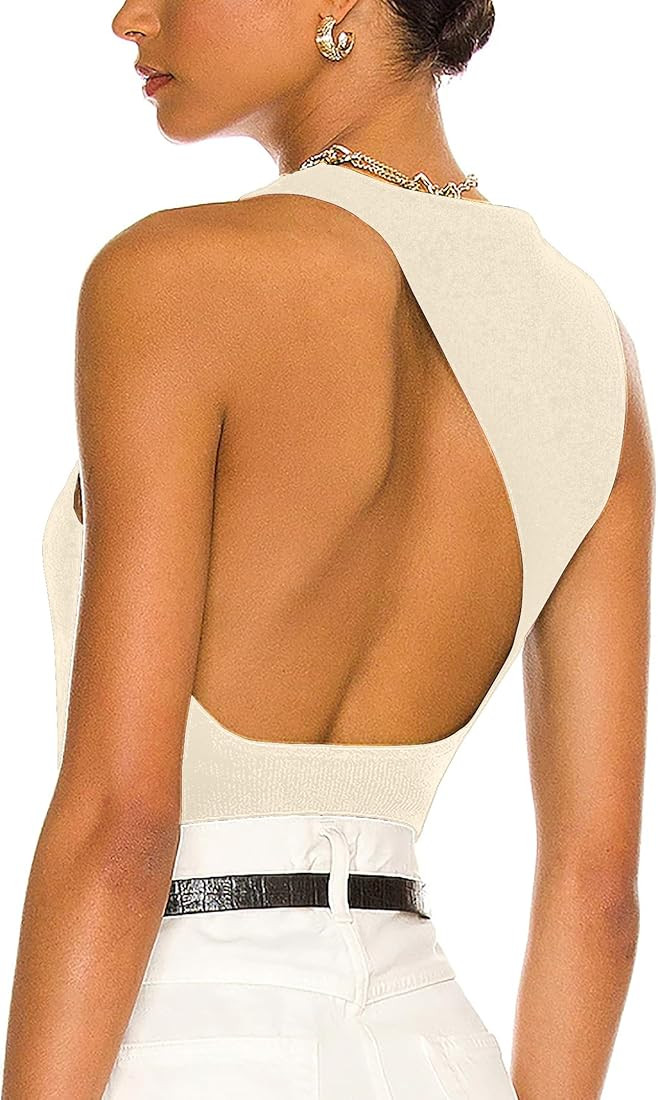 CSDAJIO Women's Open Back Sleeveless Crew Neck Rib Knit Cut Out Backless Tank Top | Amazon (US)