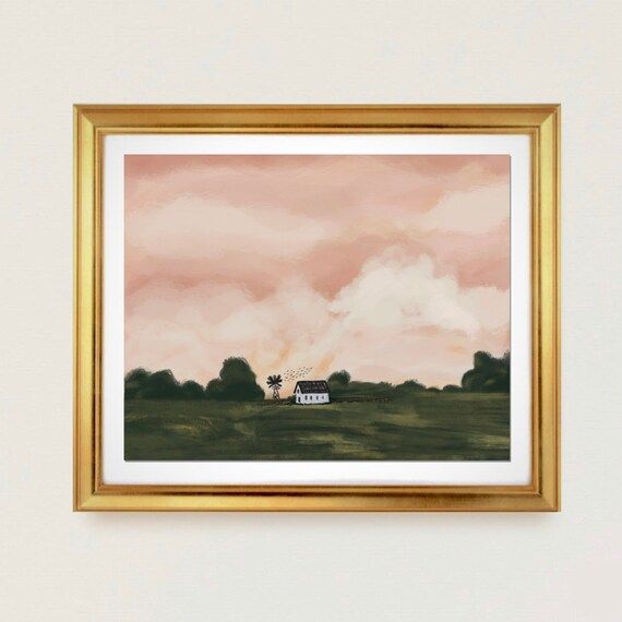 Pink skies Farmhouse, 11x14 field art print, little house, fluffy pink clouds, green pastures | Etsy (US)