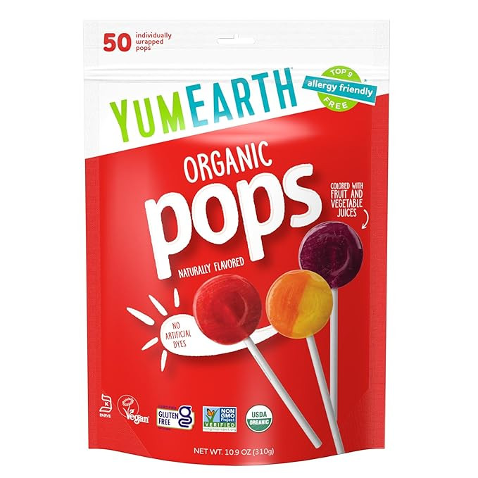 YumEarth Organic Fruit Flavored Pops, 50 Lollipops, Allergy Friendly, Gluten Free, Non-GMO, Vegan... | Amazon (US)