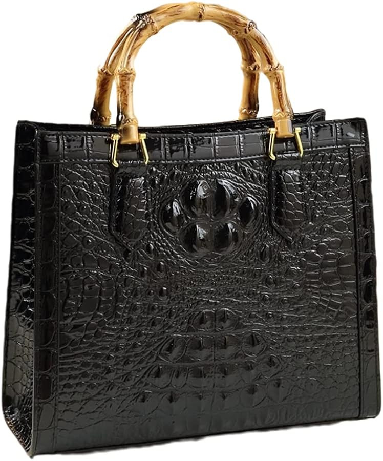 Crocodile Pattern Leather Women's Bag Bamboo Top-Handle Satchel Handbags Portable Tote Bag Should... | Amazon (US)