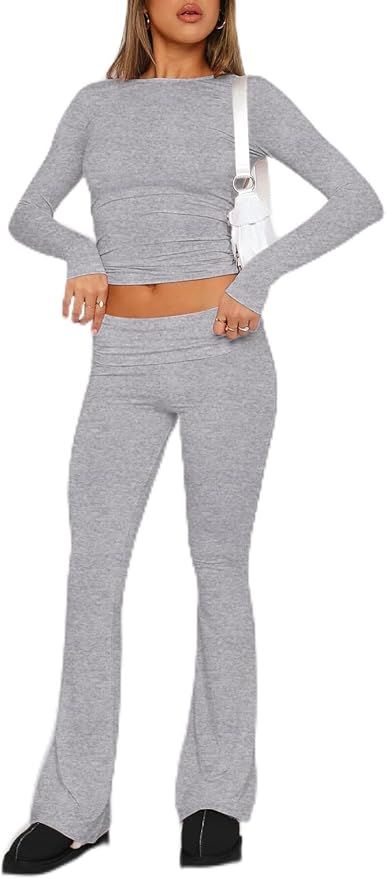 Raikamitu Pajama Sets for Women 2 Piece Long Sleeve Cropped Top Fold-over Flare Pants Lounge Sets... | Amazon (US)