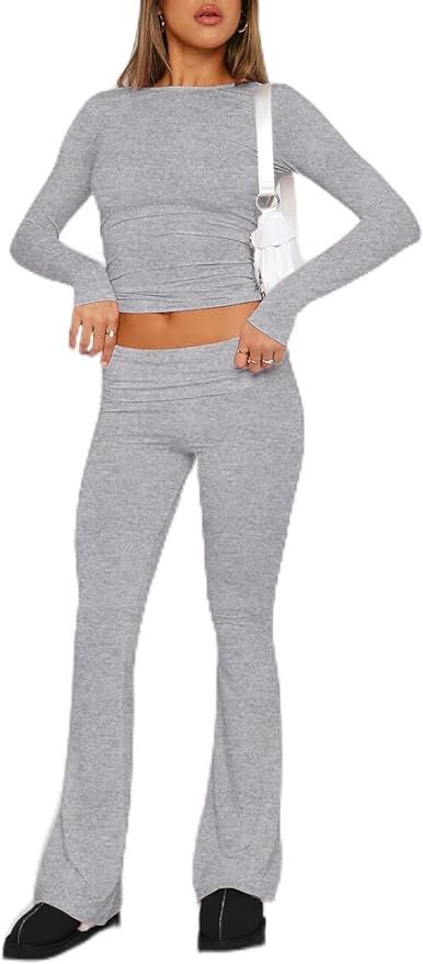 Raikamitu Pajama Sets for Women 2 Piece Long Sleeve Cropped Top Fold-over Flare Pants Lounge Sets... | Amazon (US)