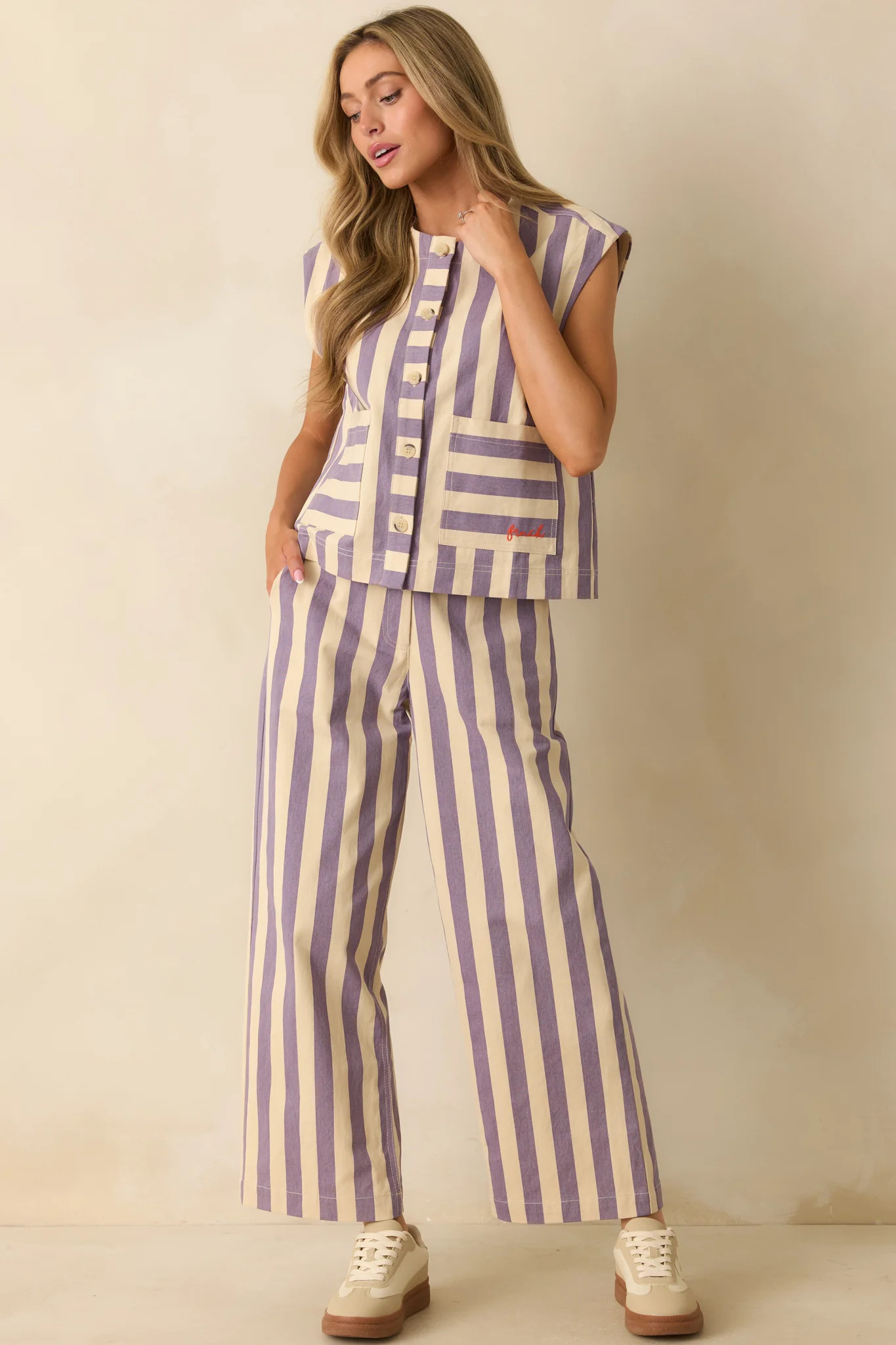 FRNCH Lilac Striped Button Up Sagan Vest | Red Dress