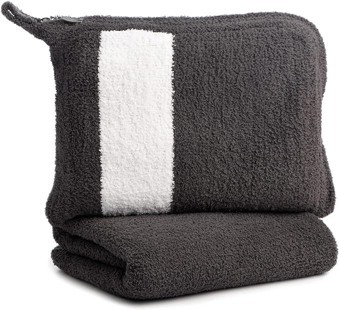 KASHWÉRE Stripe Travel Blanket in Zipper Pouch, Use as Mini Throw or Pillow (Malt/Creme) | Amazon (US)