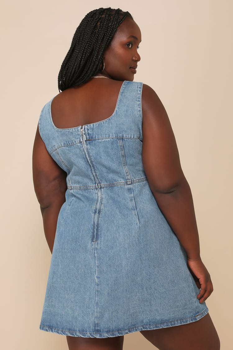 So Delighted Medium Wash Denim Corset Seam Mini Dress | Lulus