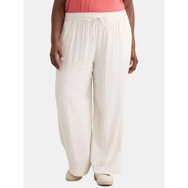 Time and Tru Women's and Women's Plus Wide Leg Linen Blend Pants, 29" Inseam, Sizes XS-4X | Walmart (US)