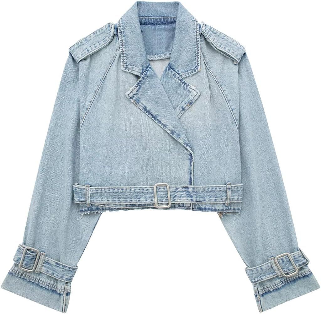 Women's Casual Lapel Short Denim Trench Jacket Cropped Pea Coat Crop Long Sleeve Jean Jackets Coa... | Amazon (US)