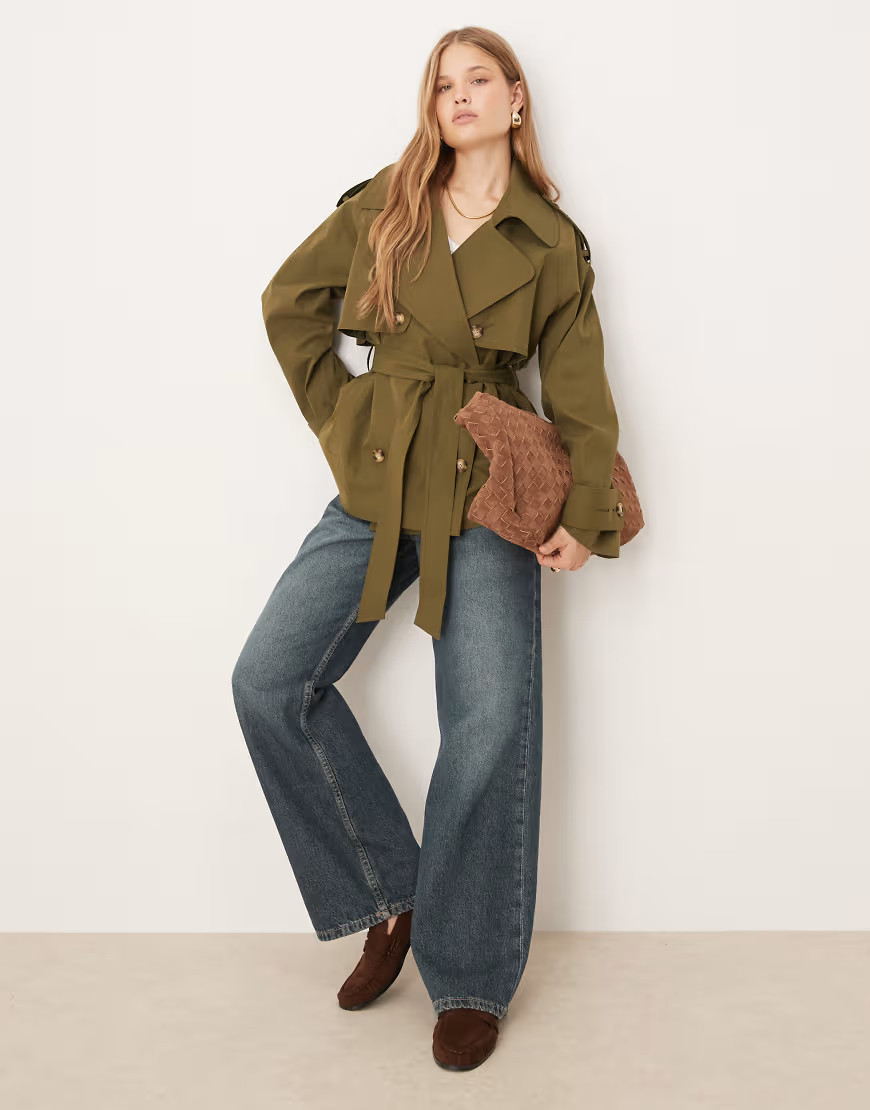 ASOS DESIGN oversized short trench coat with belt in olive-Green | ASOS (Global)